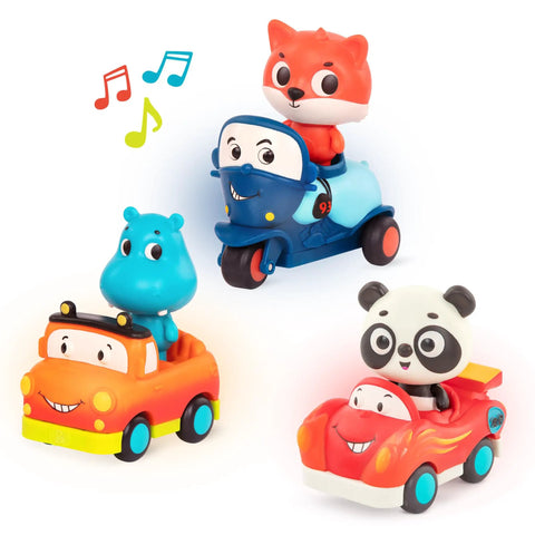 Three Pack Lil Driver Toys With Lights And Sounds Featuring Cute Animal Characters Dash the Fox on motorcycle, Sunny the Hippo in pickup, Bingo the Panda in race car for toddlers 1 year and up.