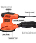 Pro Level Random Orbital Finisher Sander For Lightning Fast Wood And Metal Sanding With 230 Watt Motor And Cushion Grip Handle, featuring handle and dust collection bag.