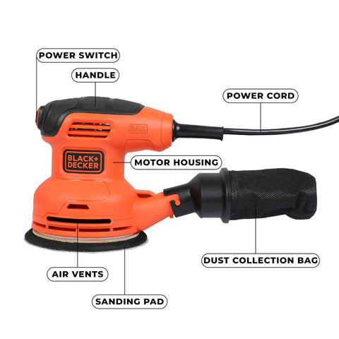 Pro Level Random Orbital Finisher Sander For Lightning Fast Wood And Metal Sanding With 230 Watt Motor And Cushion Grip Handle, featuring handle and dust collection bag.