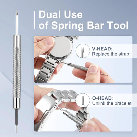 Dual use spring bar tool in DIY Friendly Watch Back Opener Kit With Adjustable Wrench for easy strap and bracelet changes.