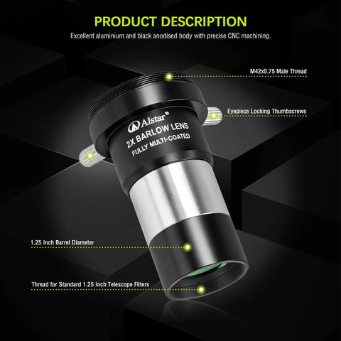 1.25 Inch 2x Barlow Lens for Telescopes and Astrophotography, full metal CNC machined body with multi coated optics and M42 thread