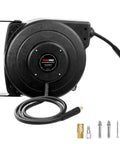 Heavy Duty Retractable Air Hose Reel With 1/4 Inch By 45 Feet Hybrid Hose Max 300 Psi Plus Five Foot Lead In Wall Or Ceiling Mount, featuring durable black housing and quick connectors.