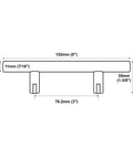 Technical diagram of 20 Pack Solid Steel Brushed Nickel Euro Style Bar Pulls For Cabinets with 3 inch hole centers and 6 inch length