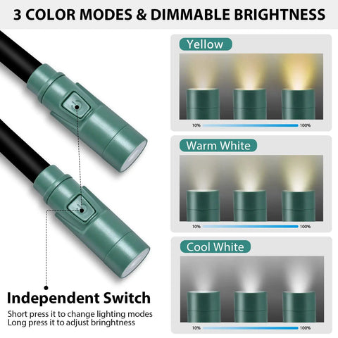 3 color modes dimmable brightness of Neck Reading Light For Reading In Bed Hands Free with green adjustable arms and settings
