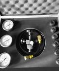 Pro Grade 3 Gauge Hydraulic Accumulator Nitrogen Fill Kit in case with gauges and couplings for excavators and compressors.