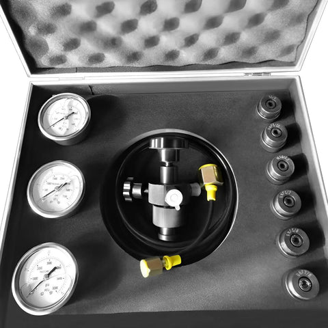 Beefed Up Pro Grade Heavy Duty Hydraulic Pressure Test Kit With Nitrogen Accumulator, Gas Charging System, and 2 Meter Hose components.