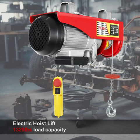 Heavy-Duty Electric Hoist Lift 1320 Lb Capacity With Remote Control 110V Winch Steel Wire Overhead Crane in garage setting