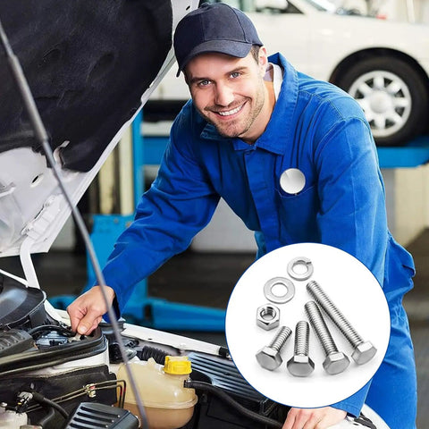 Garage Grade Hex Bolt And Nut Assortment Kit 292 Piece Metric Hardware Set With Flat And Spring Washers in use by a mechanic.