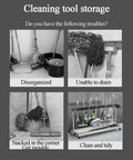 Comparison of cleaning tool storage problems and solutions, featuring a Floor Standing Mop And Broom Organizer Rack With Foldable Hooks Wet Mop Holder