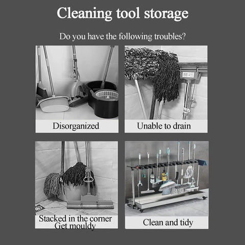 Comparison of cleaning tool storage problems and solutions, featuring a Floor Standing Mop And Broom Organizer Rack With Foldable Hooks Wet Mop Holder