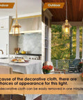 Indoor and outdoor brass hanging light fixtures with decorative cloth, showcasing weatherproof pendant lighting for exterior ceiling.