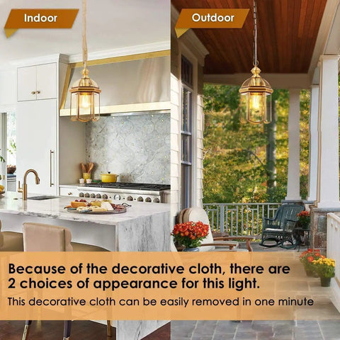 Indoor and outdoor brass hanging light fixtures with decorative cloth, showcasing weatherproof pendant lighting for exterior ceiling.
