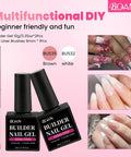 HEMA Free Builder Gel Kit With White And Nude Two Color Set And Brush, beginner friendly, shown with nail art examples