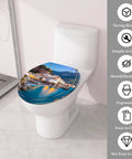 Chill Coast Vibe Slick Round Resin Toilet Seat With Thatched Umbrella And Seaside Shell Print Quiet Slow Close Lid Quick Release Mount Zero Hassle Upgrade For American Standard Toilets on a white toilet.