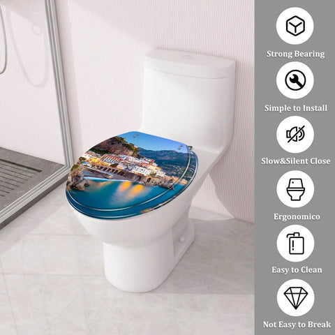 Chill Coast Vibe Slick Round Resin Toilet Seat With Thatched Umbrella And Seaside Shell Print Quiet Slow Close Lid Quick Release Mount Zero Hassle Upgrade For American Standard Toilets on a white toilet.