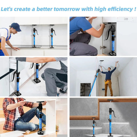Heavy Duty Adjustable Cabinet Support Jack With Sturdy Aluminum Handle, used during kitchen installations and shelf mounting.