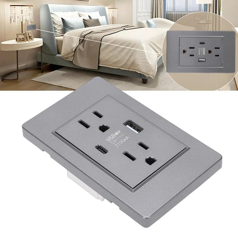 Top Tier 15 Amp Decorator Wall Outlet With Included Wall Plate And Efficient USB Type C Charging in gray finish.