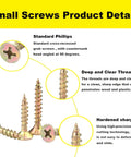 Premium Flat Head Wood Screws Assortment Kit With 600 Rock Solid Yellow Zinc Coated Carbon Steel Fasteners, showing details of threads and tips.