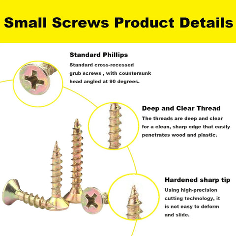 Premium Flat Head Wood Screws Assortment Kit With 600 Rock Solid Yellow Zinc Coated Carbon Steel Fasteners, showing details of threads and tips.