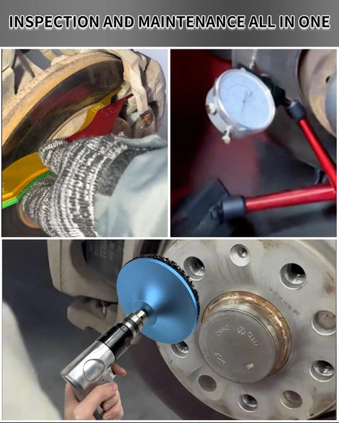 Shop Grade 9 Piece Brake Rotors Tool And Wheel Hub Cleaning Resurfacing Kit With Pneumatic Drill inspecting brake rotor and using dial indicator.