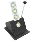 Round Punch Die Cutter 48.5mm Graphic Manual Badge Button Maker Card Cutting Machine on tabletop with finished frog badge sample