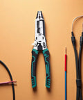 Heavy Duty 10 In 1 Electrician Pliers With Premium Carbon Steel Jaw And Cozy Tpr Grip Handle on a flat surface with wires.