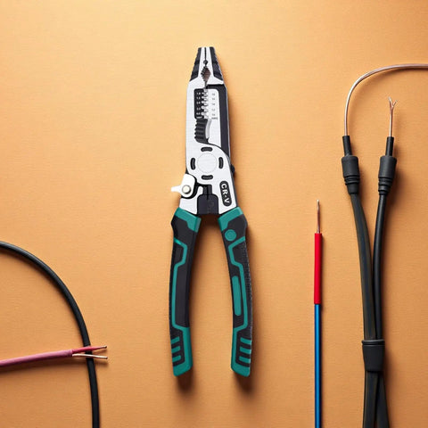 Heavy Duty 10 In 1 Electrician Pliers With Premium Carbon Steel Jaw And Cozy Tpr Grip Handle on a flat surface with wires.