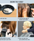 Pro At Home Hair Dye Kit 21 Pcs Set With Dye Brush 350ml Color Bowl Hair Clips Applicator Ear Covers Gloves Capes And Disposable Shawls For Salon Quality Bleaching And Color At Home in use with mixing, sectioning, applying, and finished blonde result.