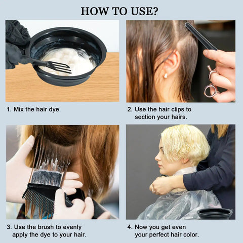 Pro At Home Hair Dye Kit 21 Pcs Set With Dye Brush 350ml Color Bowl Hair Clips Applicator Ear Covers Gloves Capes And Disposable Shawls For Salon Quality Bleaching And Color At Home in use with mixing, sectioning, applying, and finished blonde result.