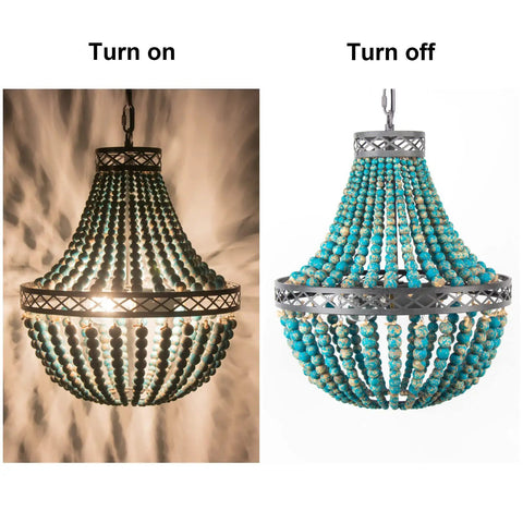 Blue Wood Beaded Chandelier With Boho Vibes, Modern Farmhouse Pendant Light on and off view
