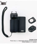 Compact Phone Camera Grip Handle With Tripod Mount Remote Shutter And Cold Shoe Adapter For iPhone 17 16 15 14 Pro Max And Samsung Smartphones, showing grip, remote, battery, lanyard.