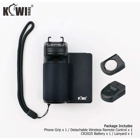 Compact Phone Camera Grip Handle With Tripod Mount Remote Shutter And Cold Shoe Adapter For iPhone 17 16 15 14 Pro Max And Samsung Smartphones, showing grip, remote, battery, lanyard.