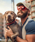 Man wearing vintage low profile trucker cap for women with adjustable strap, holding a dog, city background