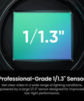 Professional-grade 1/1.3" sensor displayed, highlighting clarity in video for the Flagship 4K PTZ Webcam For PC And Mac Boasting A Chunky One Point Three Inch Sensor Dope AI Auto Tracking Smooth HDR Video And Tight Beamforming Dual Mics Ideal For Savage Twitch Streams Or Dead Simple Zoom Calls.