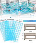 Heavy Duty 50 Hole Test Tube Rack For 13, 16, And 18mm Tubes with detachable tray and blue multi-layer structure features.
