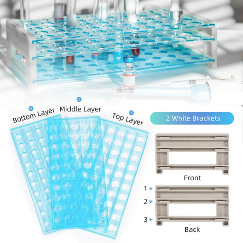Heavy Duty 50 Hole Test Tube Rack For 13, 16, And 18mm Tubes with detachable tray and blue multi-layer structure features.