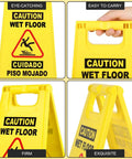 8 Pack Caution Wet Floor Signs, 17.5 Inch Yellow Safety Warning Signs for High Traffic Areas, close-up of handle and bilingual text