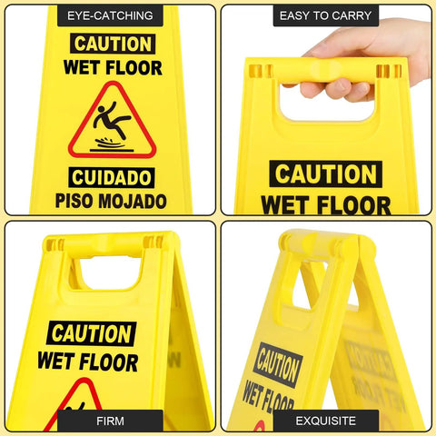 8 Pack Caution Wet Floor Signs, 17.5 Inch Yellow Safety Warning Signs for High Traffic Areas, close-up of handle and bilingual text