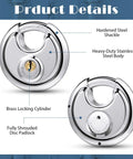 Keyed Alike Disc Padlocks Set, Beefy Stainless Steel Locks With Shared Key, showing brass locking cylinder and shrouded design