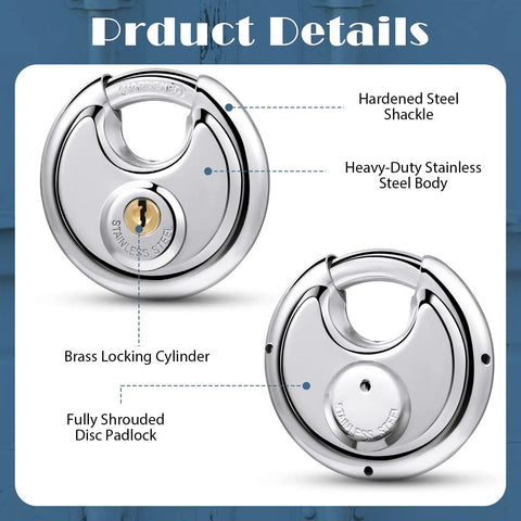 Keyed Alike Disc Padlocks Set, Beefy Stainless Steel Locks With Shared Key, showing brass locking cylinder and shrouded design
