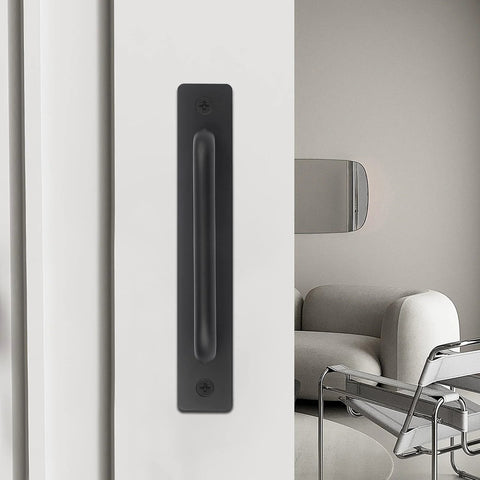 4 Pack Black Zinc Alloy Barn Door Handles Set With Mounting Plates installed on a white sliding door in a modern living room.