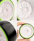 One Tenth Scale On Road RC Drift Tires And Wheels Ready To Drift Set With 12mm Hex Hub, shown with lime green accents