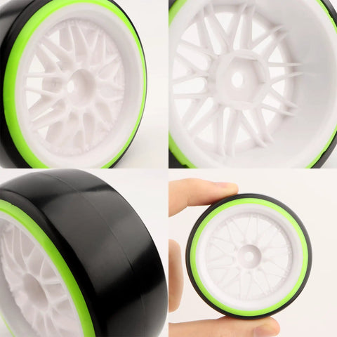 One Tenth Scale On Road RC Drift Tires And Wheels Ready To Drift Set With 12mm Hex Hub, shown with lime green accents