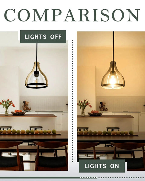 Comparison of Farmhouse Walnut Wood Pendant Light With Black Glass Shade adjustable length dimmable feature lights on and off.