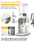 Next Level Electric Burr Coffee Grinder With 34 Dead Simple Settings And 40 Millimeter Stainless Steel Conical Burrs For Smooth Daily Brews In Clean White Setup showcasing white-coated stainless steel body.