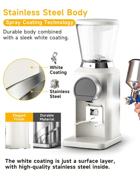 Next Level Electric Burr Coffee Grinder With 34 Dead Simple Settings And 40 Millimeter Stainless Steel Conical Burrs For Smooth Daily Brews In Clean White Setup showcasing white-coated stainless steel body.