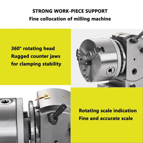 Heavy Duty Dividing Head With Precision Indexing Plates, features 360° rotating head, rugged jaws for CNC milling and machining.