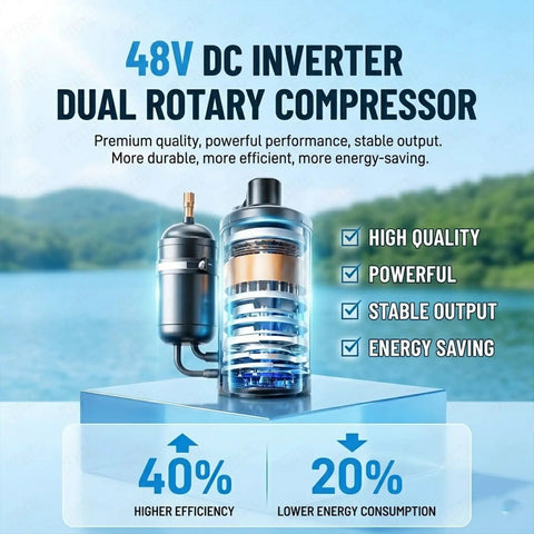 Image of 48V DC inverter dual rotary compressor showcasing its design and efficiency features for cooling systems.