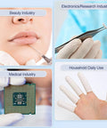 Top Notch Medium Finger Cots 480 Count Powder Free Fingertip Sleeves, used in beauty, electronics, and household tasks.
