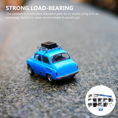 Zero Drama Rc Car Screw Repair Kit With Super Tough Storage Case Rust Proof Mini Fasteners For Remote Control Hobbyists Lightning Fixes And Smooth Ride Restoration, small blue RC car on outdoor surface.